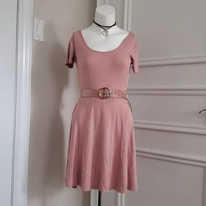 Pink Ribbed Wide Neck Skater Dress In Blush Pink